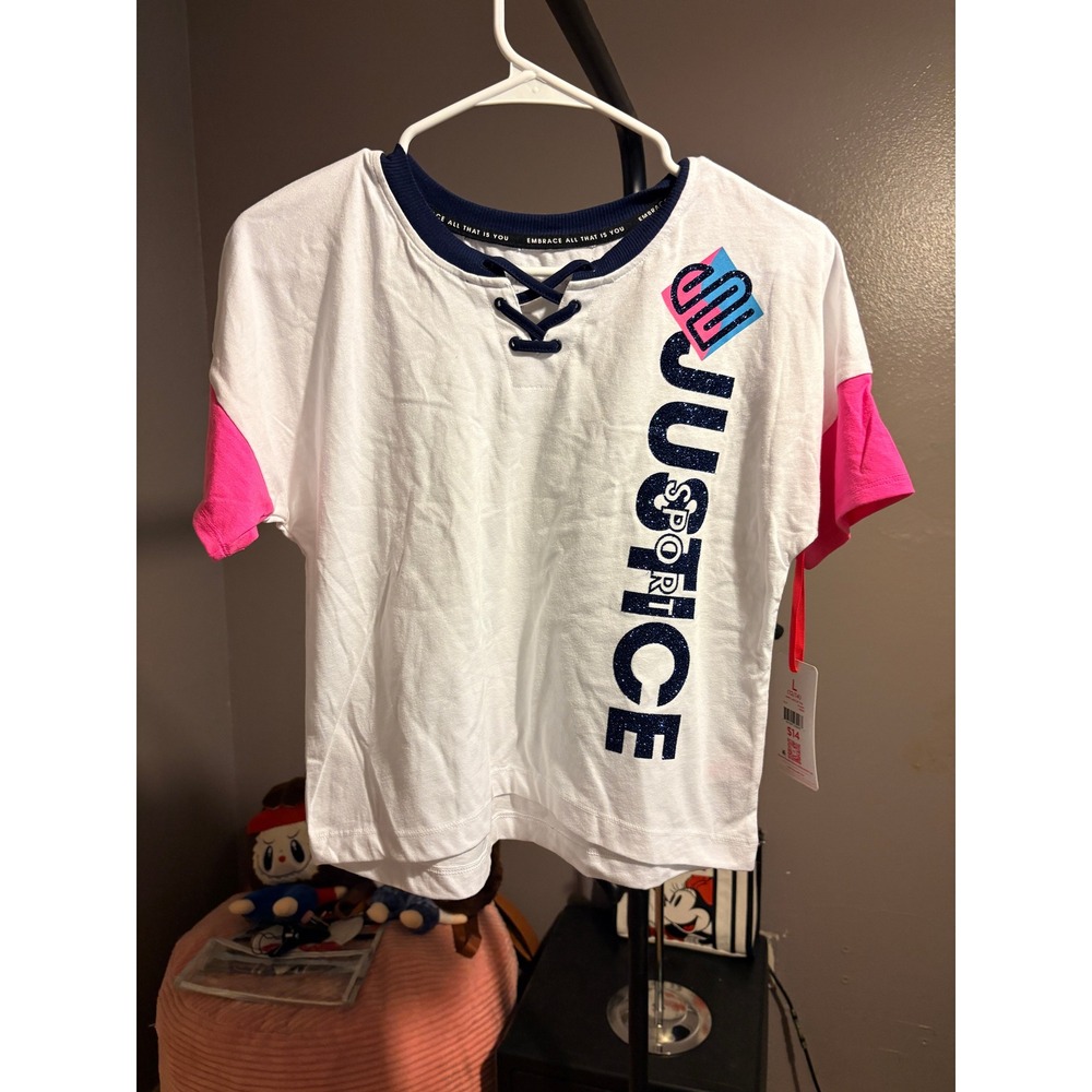 Justice Sport White Pullover Shirt with Tie Details and Logo Sz L YOUTH (12/14)